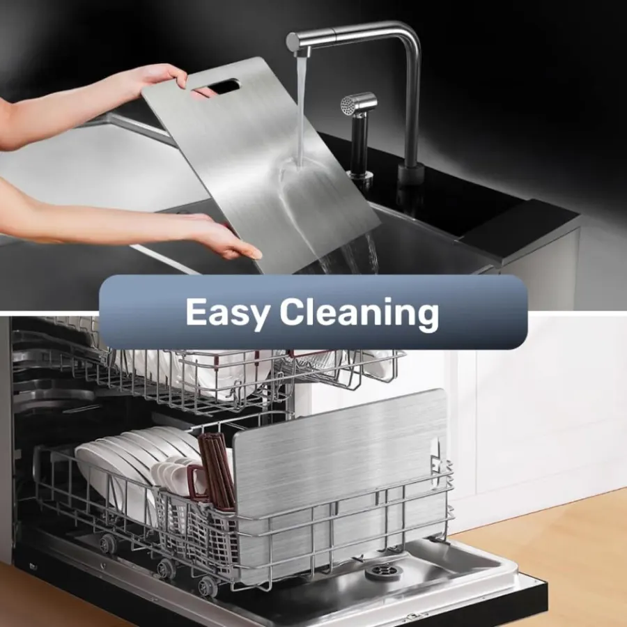 Katori board being rinsed in a sink and placed in a dishwasher