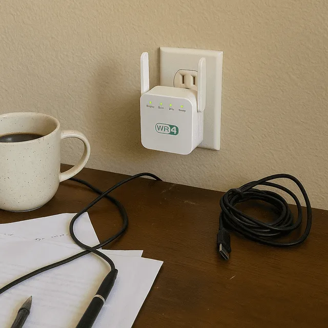 NetBoost plugged into a wall outlet next to a desk
