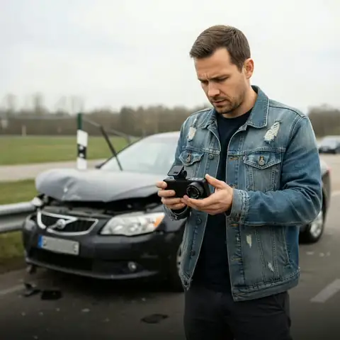 Driver holding a dash cam next to a car with front-end damage
